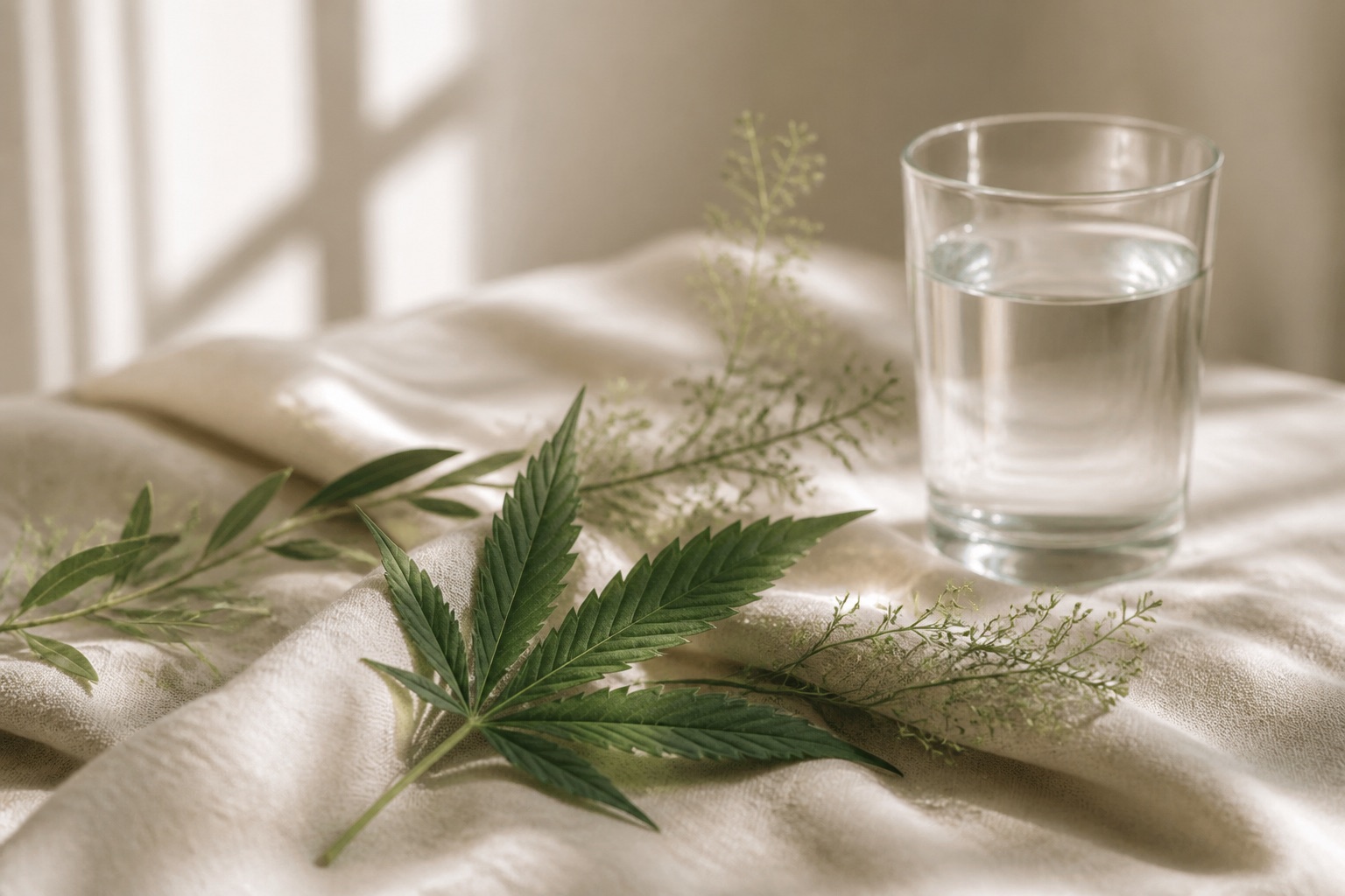 A fresh green hemp leaf and botanical greenery resting on warm cream linen beside a glass of water