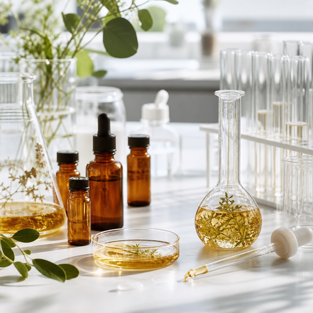 Clean laboratory still life with amber vials, glassware and golden botanical extract