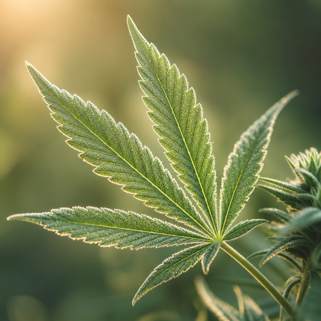 Macro photograph of a healthy hemp leaf with visible trichomes, backlit by soft light