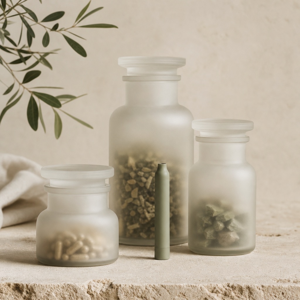 Slim cartridge-style cylinder among frosted glass jars on a warm stone surface