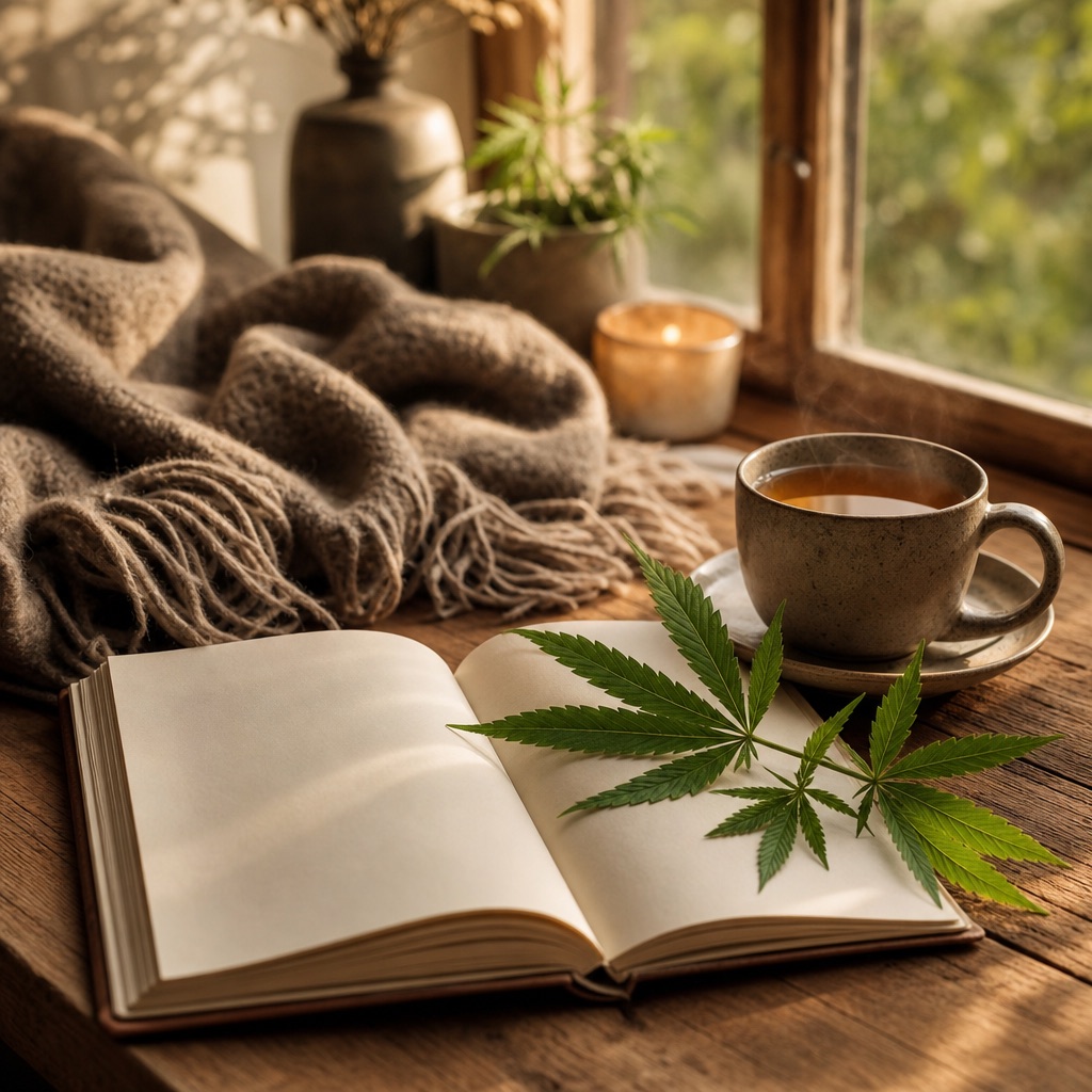 Calm sunlit table with herbal tea, an open notebook, a wool throw and a hemp sprig