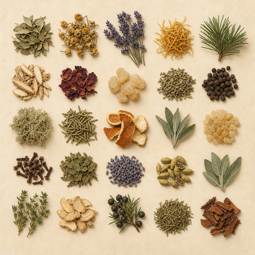 Top-down flat lay of dried citrus peel, peppercorns, lavender and pine sprigs on cream paper